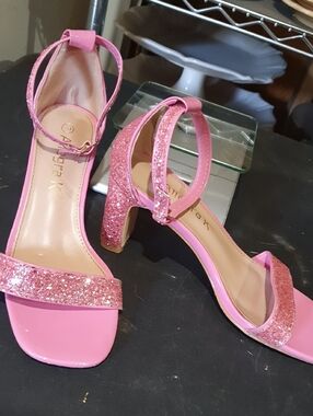 Pink Glitter Block Heel Sandals - Women's